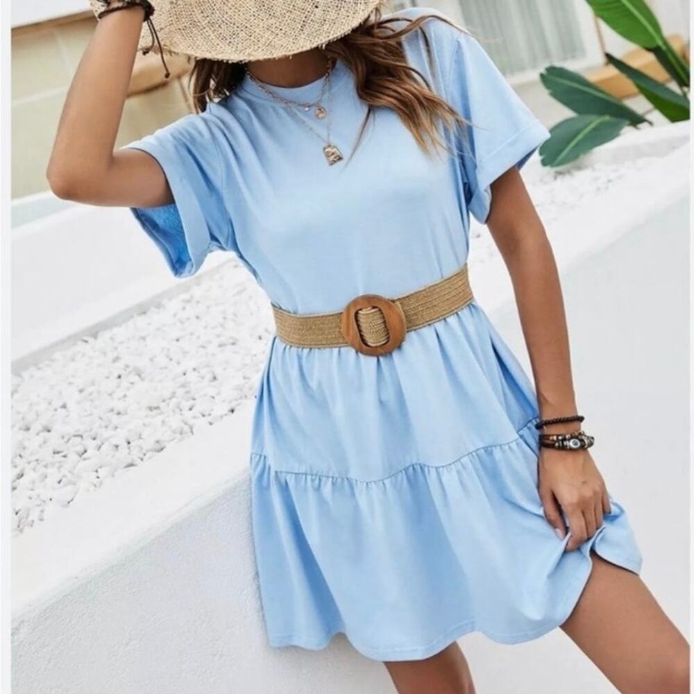 SHEIN Light Blue Rolled Cuff Short Sleeve Tiered Babydoll Mini Dress Size Small